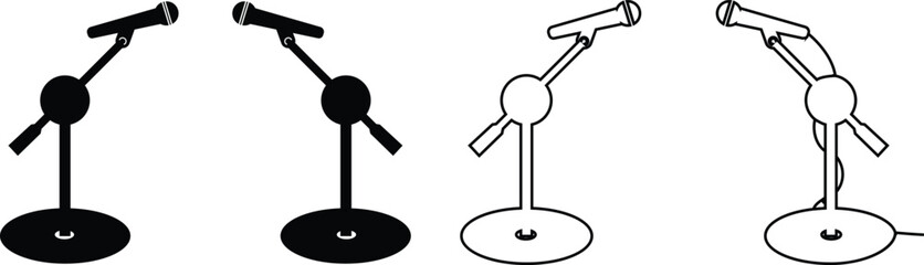 Microphones on counters and microphones and stands separately for design icon set. Vector silhouette clip arts. Retro and modern music sign, mic tool. Close-up microphone stand in small collection.