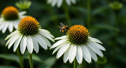Bee on White Coneflower - A honeybee lands gently on a pristine white coneflower, its orange center vibrant against the petals. The background is softly blurred green foliage