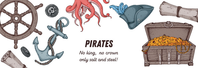 Nautical frame with pirate elements. Hand drawn vector illustration. Sea-inspired border design. Perfect for adventure maps, posters, and marine themes.