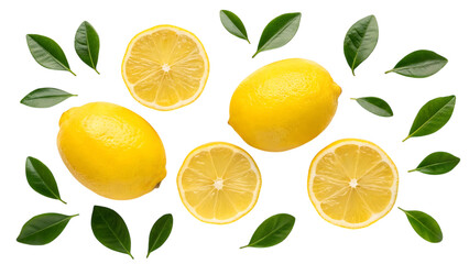 Fresh lemons and green leaves still life on transparent background