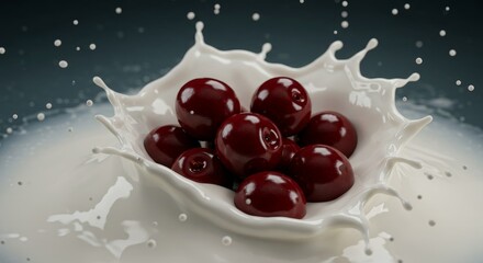Cherries Splashing in Milk - Juicy red cherries splashing into a pool of creamy milk, creating a vibrant and refreshing