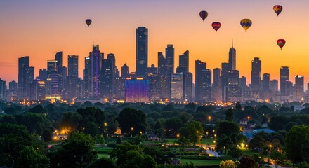 Cityscape at Sunrise with Hot Air Balloons - Stunning cityscape at sunrise, hot air balloons floating above the city skyline, lush green park in the foreground