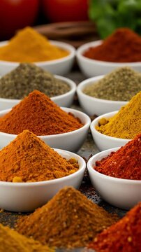 Vibrant assortment of colorful ground spices like turmeric, paprika, and cumin in small white bowls, beautifully arranged on a dark surface, representing global cuisine and culinary exploration