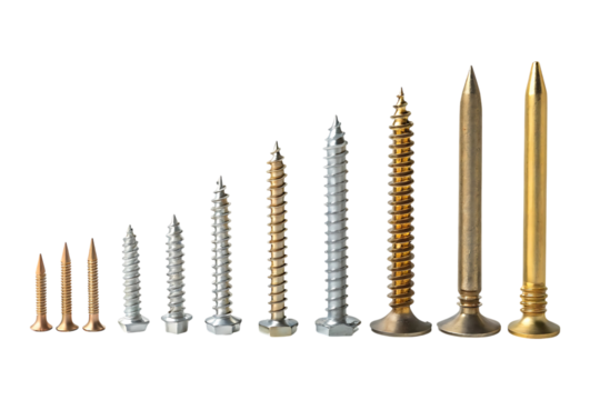 Assorted screws and nails in a row on transparent background