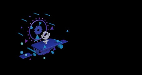 White astrological pluto symbol on a pedestal of abstract geometric shapes floating in the air. Abstract concept art with flying shapes on the left. 3d illustration on black background