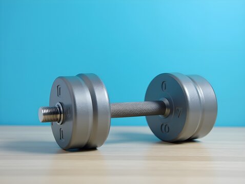 Comparison of two dumbbells on wooden surface with blue background