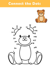 Dot to Dot Worksheet for Kids. Connect the dots to draw a cute bear. Cute cartoon bear.	