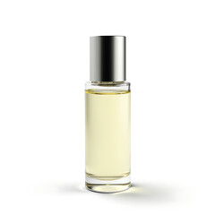 Transparent perfume bottle with silver cap on a white background  