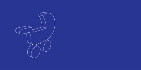The outline of a large baby carriage symbol made of white lines on the left. 3D view of the object in perspective. Vector illustration on indigo background