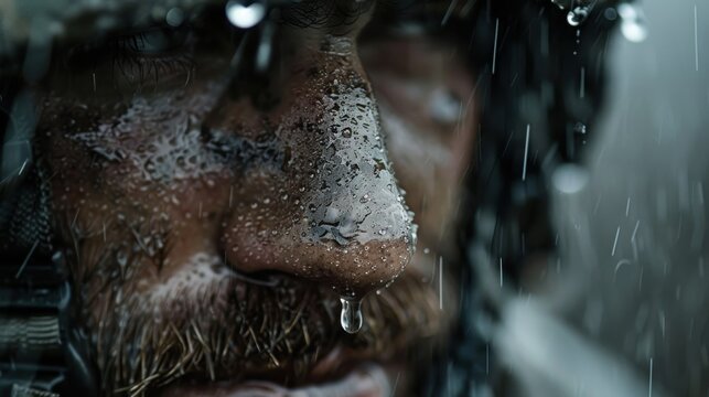 A close-up shot of a soaked man's face, droplets cascading down his rugged features, conveying grit and resilience amidst a heavy downpour during challenging times.