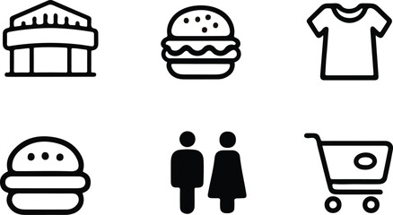 This image features a collection of simple, black outline icons representing common retail and consumer items.