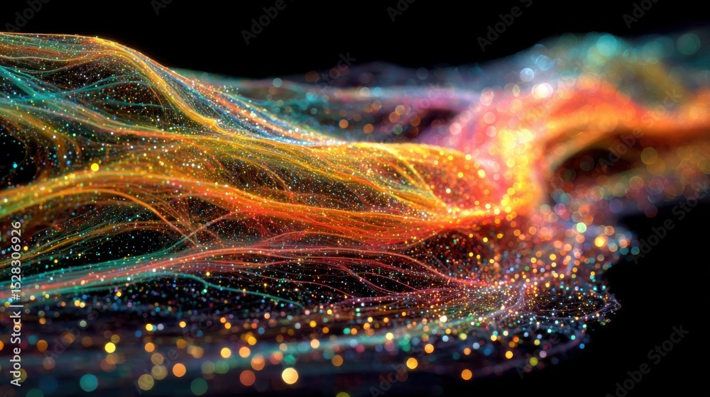 Poster vivid and intricate wave patterns of color flow gracefully through a dark space, creating an etherea