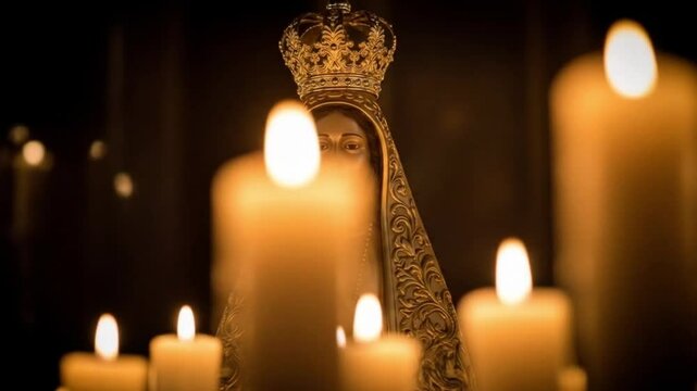 A gold Virgin Mary statue is surrounded by lit candles, radiating peace and spirituality.