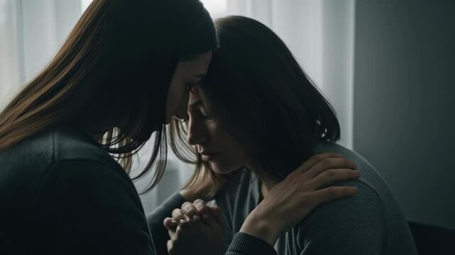 One woman offers comfort and support to a distressed friend, gently holding her hands and head in a somber setting, illustrating empathy, compassion and the importance of mental health aid