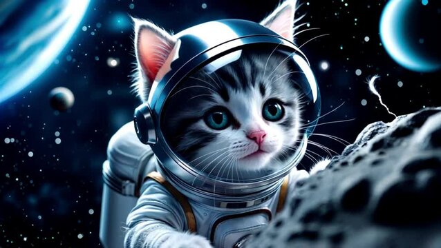 Cute Kitten Astronaut in Space Suit against Stars and Planets, Interstellar Adventure
