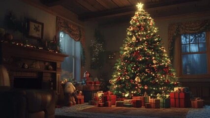 Cozy living room with decorated Christmas tree and gifts at night   - Powered by Adobe