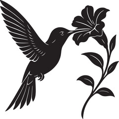 Black Silhouette Hummingbird Feeding on Flower vector