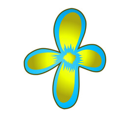 Stylized floral form, abstract design in luminous yellow and aqua against dark background