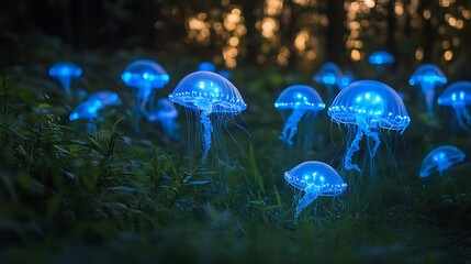 bioluminescent jellyfish illuminating a deep sea environment