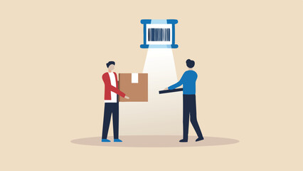 Two people scanning a box with a barcode reader in a warehouse environment setting shown