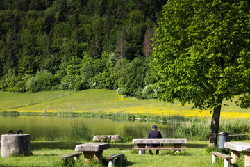 homme assis seul au bord d'un lac