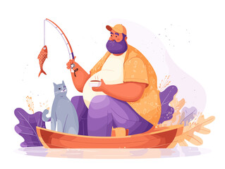 Man and Cat Fishing:A man in the boat with a cat and a fish