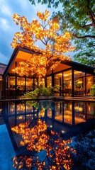 Night scene of a modern building with a reflecting pool, illuminated by a large, light-decorated tree; warm lighting casts reflections on the water's surface, creating a tranquil and inviting