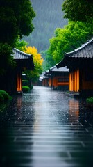 Rainy day scene of a pathway lined with traditional dark-wood buildings, illuminated from within, set amidst lush green foliage under a misty sky. The wet stone path reflects the ambient light