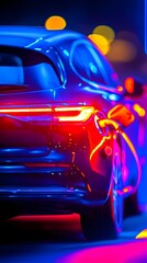 Rear view of a sleek, dark-colored hatchback at night, illuminated by vibrant neon-like lights and blurred city bokeh. The car's taillights glow intensely, creating a dynamic, stylish feel
