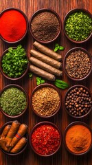 Overhead shot of twelve small bowls filled with various dried herbs and spices, two rows of three cigars nestled amongst them on a dark wood surface.  The vibrant colors of the spices contrast