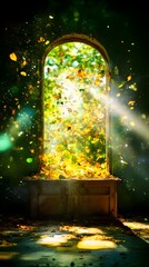Sunlit autumn leaves burst through an arched window in a dark, dilapidated room, creating a magical, ethereal scene with swirling foliage and beams of light
