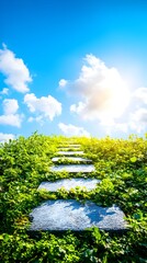 Stone steps ascend towards a vibrant blue sky, partially obscured by bright sunlight and fluffy white clouds; lush green vegetation frames the pathway