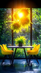 Sunlit dining area with yellow chairs, a dark table, and vibrant green plants hanging from a circular light fixture, all set against a large window showcasing a lush green backdrop