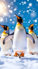 Three king penguins waddle on snowy ground amidst a gentle snowfall and bright sunlight, creating a vibrant winter scene