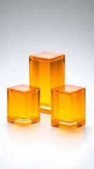 Three translucent amber cubes of varying heights sit on a light grey background, creating a minimalist, geometric display.  The cubes appear to be made of glass or acrylic, with subtly chamfered edges