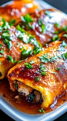 Three savory egg rolls, glistening with a rich, amber-colored sauce, are artfully arranged on a white rectangular plate.  Fresh parsley garnishes the top.  The filling
