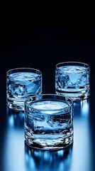 Three cylindrical glasses filled with water, partially reflecting on a dark blue surface, showcasing subtle ripples and light refractions.  The glasses are arranged closely together against a deep