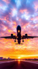 A passenger jet ascends during a vibrant sunset, its landing gear down, silhouetted against a backdrop of fiery orange, pink, and purple clouds. The runway stretches towards a setting sun, reflecting