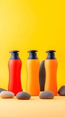 Three vibrant plastic bottles, red, orange, and light orange, with dark blue pumps, stand against a yellow background, flanked by smooth grey stones on a pale orange surface.  A minimalist