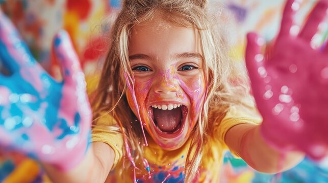 A joyful child with vibrant paint on their face and hands expresses pure delight, showcasing creativity and the joys of childhood playtime in a colorful, artistic environment.