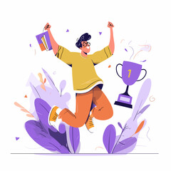 Triumphant Celebration: An excited figure celebrates with arms raised, clutching items, near a trophy, amidst vibrant decorative flora, representing a moment of success and accomplishment.