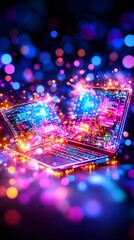 Two laptops, seemingly floating, showcasing vibrant internal circuitry bathed in neon-hued light and bokeh effects, suggesting speed and technological innovation