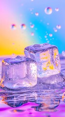 Two translucent ice cubes rest on a wet, reflective surface,  illuminated by a vibrant, colorful, and slightly blurred background featuring iridescent bubbles