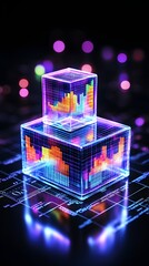 Two translucent cubes, glowing with vibrant multicolored data visualizations, rest on a dark reflective surface patterned with circuit-like designs, set against a bokeh background