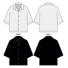 Vector set of pajama shirt designs, front and back view. Sketch of unisex summer shirt with short sleeves, black and white colors. Blank button-down shirt template.