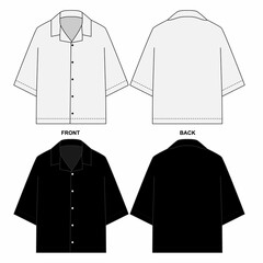 Set of pajama shirt designs, front and back view. Sketch of unisex summer shirt with short sleeves, black and white colors. Blank button-down shirt template.