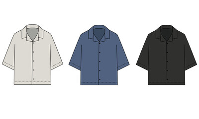 Collection of vector drawing of pajama shirt, gray, blue, black colors. Sketch of unisex summer Hawaiian shirt with short sleeves. Blank button-down shirt template.
