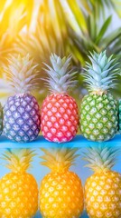 Vibrant, miniature pineapples in rainbow hues arranged on a bright blue surface, set against a blurred, sunlit tropical backdrop