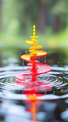 Vibrant red and yellow paint forms a spiraling tower, culminating in a pointed top, as it impacts a dark, still water surface, creating concentric ripples and tiny droplets suspende