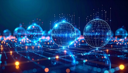 Obraz premium Levitating orbs emitting real-time data analytics, each orb projecting evolving machine learning insights onto surrounding virtual surfaces